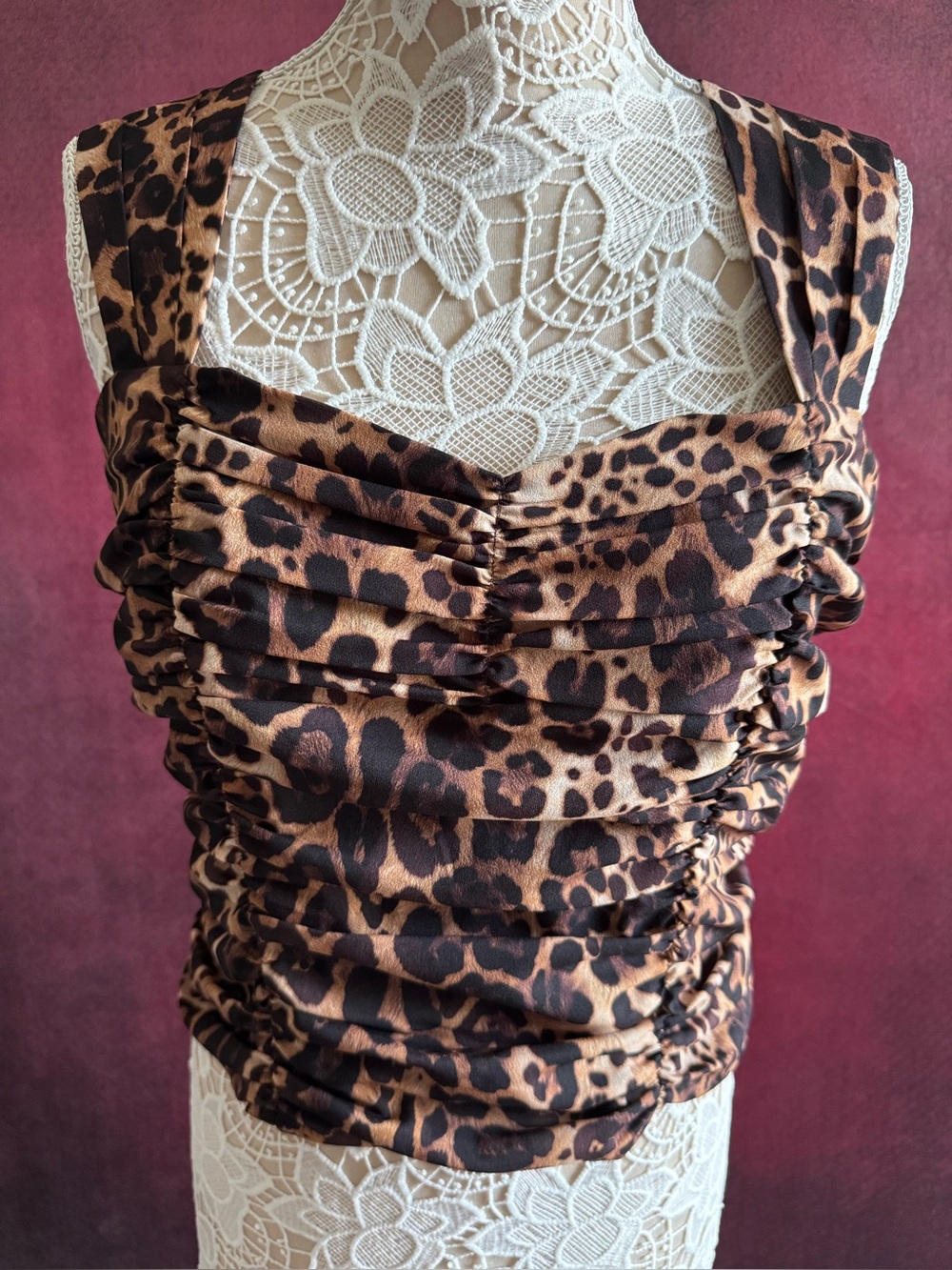 Express Leopard Ruched Square-Neck Tank Top - Brown.